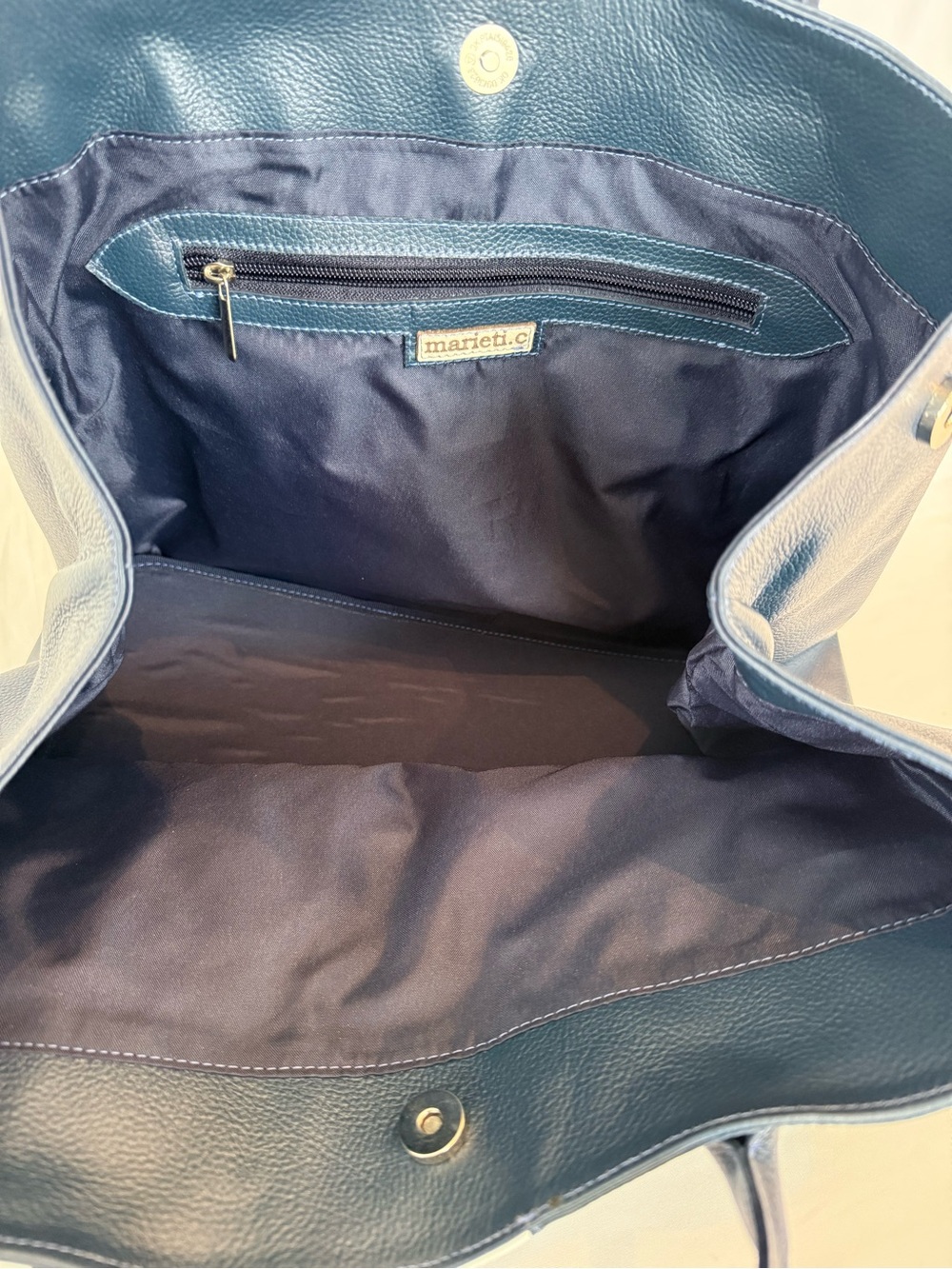 Classic Navy Tote with White Center Stripe - Women's 100%  Leather Shoulder Bag - Picture 11 of 16